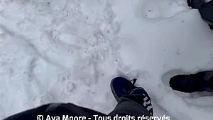 Two slutty girlfriends suck cocks in snow and get faces covered in cum