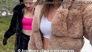 Two slutty girlfriends suck cocks in snow and get faces covered in cum