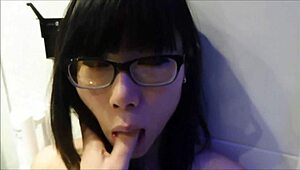 Nerdy glasses Asian teen Hana gags on rough deepthroat