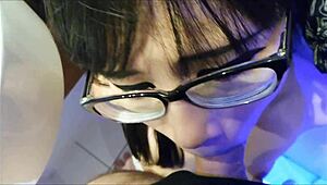 Nerdy glasses Asian teen Hana gags on rough deepthroat