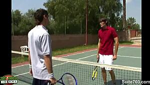 On the tennis court, athletic gay jocks engage in outdoor fucking