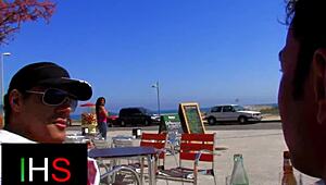 Hey, check this wild foursome banging on the beach!