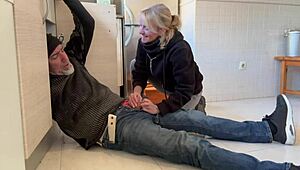 hot wife gives blowjob to plumber in kitchen, ends with cum in mouth