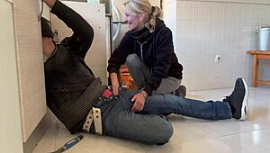 hot wife gives blowjob to plumber in kitchen, ends with cum in mouth