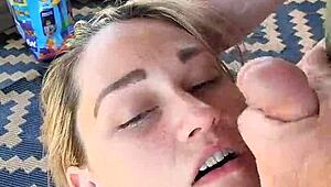 Blonde hotwife gives dirty talking blowjob and receives facial