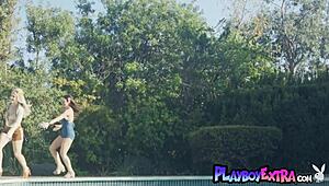 hot charly summer and jazlyn ray tease in outdoor pool tig game