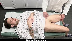 twink patient eagerly receives testosterone dose handjob from muscular doctor