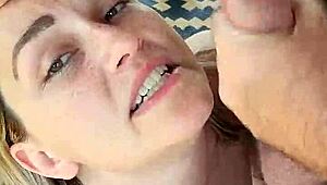 Blonde hotwife gives dirty talking blowjob and receives facial