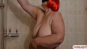 Fat Ugly Masked Granny Mature Showers and Then Plays with Her Big Boobs