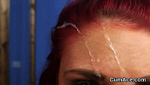 damn, this slutty hottie gets cum all over her face sucking every drop!