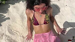 Skinny teen beauty pees on Maldives beach with golden shower twist
