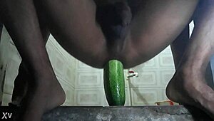 Horny gay says, 'fuck my pussy with that cucumber'