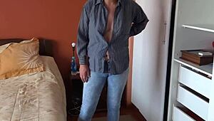 Maid's husband jerks off watching me dress for work!