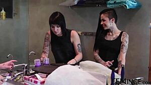 Yo, check this black-haired student getting her pussy licked in a hot threesome! 😜