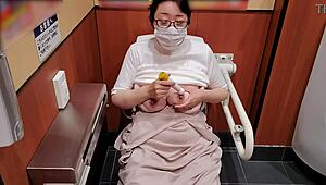 chubby japanese milf masturbates in store toilet during shopping