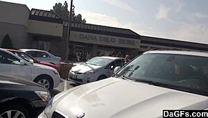 Car handjob while driving outdoors