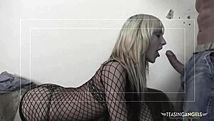 Blonde milf in stockings sucks cock before banging two guys doggystyle for cumshot