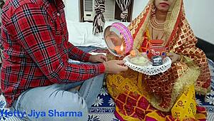 Husband and wife have chudai after breaking fast on Karva Chauth with missionary, bent over, assfucking, doggystyle.