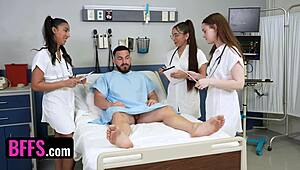 Three hot doctors ride a lucky patient's dick one after another.