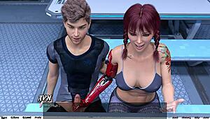 Stranded in space, she gives a public handjob to his huge cock 😍