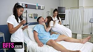 Three hot doctors ride a lucky patient's dick one after another.