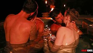 Finn August and friends have a rough bareback group session in the hot tub