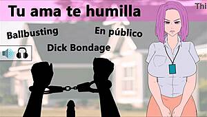 Spanish Femdom Humiliates Slave at Party with CBT