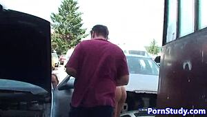 Nudist Eurobabe Teases Mechanics Outdoors