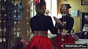 i watch teenfidelity's cute cheerleader liza rowe shaking her pom poms, her skirt riding up