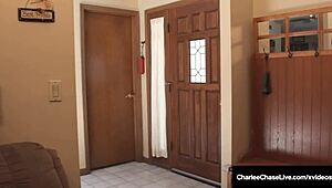 Charlee Chase passionately sucks dick, bent over in heels, getting cum on her ass.