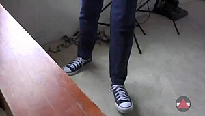 Submissive Ebony Model Ordered to Flash Her Ass in Tight Jeans and Sneakers.