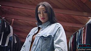 Big booty ebony babe Harley Dean teases in jeans. Her solo striptease for Playboy shows big tits.