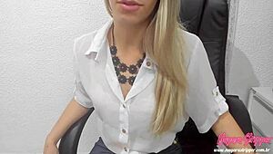 Blonde Boss Catches Employee Jerking Off and Gives Harsh Instructions
