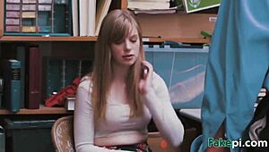 Doll Looking Teen 18+ Interacts With Fake Shop Manager At Table