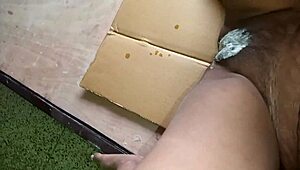 Black mom enjoys homemade session with man.