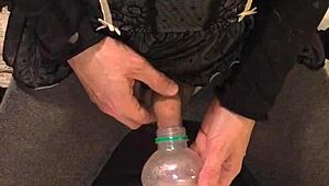 Golden piss flows from dirty old drunk