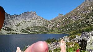 public blowjob at mountain lake with cum swallow finish