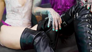 heavy tattooed sub pegged by dominas