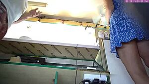 sexy blonde step sister caught on voyeur cam upskirt at work