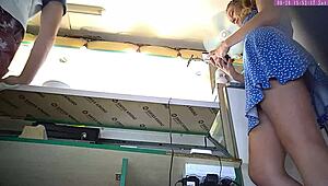 sexy blonde step sister caught on voyeur cam upskirt at work