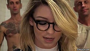 Journalist endures double penetration banging in the locker room.