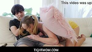 Tightmom Stepsiblings Sneak Naughty Fun Behind Stepdad in Living Room