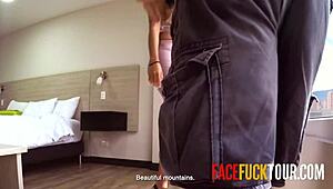 Gorgeous tanned Latina stuns with deepthroat on big cock