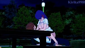 in this fate stay night hentai, sakura matou and rider have intense sex with shirou emiya leading to creampie