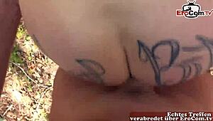 curious german milf hitchhiker picked up for car and outdoor banging.