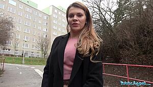 Public agent fucks Russian shaved pussy for cash