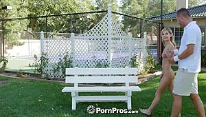 Tiny blonde blows big cock on bench for facial