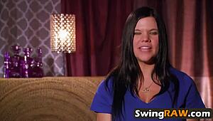 Swinger couple strips for raw lap dance in wild group scene