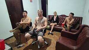 Bareback gay action after video game turns into wild group sex