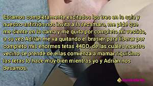 The neighbor's big cock satisfies the bbw wife while her husband watches the cumshot.